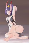  1girl arm_behind_head arm_up armad armpits ass bangs bare_shoulders barefoot bob_cut breasts closed_mouth collarbone eyeliner fang fate/grand_order fate_(series) feet headpiece horns legs looking_at_viewer makeup oni oni_horns purple_hair revealing_clothes short_hair shuten_douji_(fate/grand_order) sitting skin-covered_horns small_breasts smile soles solo toes violet_eyes 