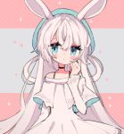  1girl animal_ears blue_eyes clarevoir commentary_request dress eyelashes flat_chest looking_at_viewer original rabbit_ears solo upper_body white_dress white_hair white_theme 