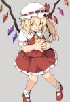  1girl ascot bangs bat_wings blonde_hair blush bow crystal flandre_scarlet frilled_shirt frilled_shirt_collar frilled_skirt frilled_sleeves frills full_body grey_background hair_between_eyes hat hat_bow long_hair looking_at_viewer mob_cap one_side_up open_mouth puffy_short_sleeves puffy_sleeves red_bow red_eyes red_footwear ribbon shirt shiseki_hirame shoes short_hair short_sleeves side_ponytail simple_background skirt smile socks solo touhou white_headwear white_legwear wings yellow_neckwear 