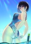  1girl absurdres adjusting_clothes adjusting_swimsuit ass black_hair blurry blush breasts commentary_request competition_swimsuit depth_of_field from_below highres in_water kagematsuri looking_down one-piece_swimsuit original short_hair sideboob snorkel solo swimsuit twitter_username violet_eyes 