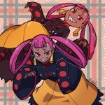  2girls blush breasts chiaki_rakutarou dark_skin earrings grin highres jewelry looking_at_viewer multiple_girls pink_hair pink_nails pokemon pokemon_(game) pokemon_masters punk_girl_(pokemon) red_eyes sharp_teeth siblings sleeves_past_wrists small_breasts smile teeth twintails 