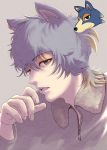  1boy absurdres animal_ears blonde_hair blue_hair doubutsu_no_mori fur_trim gami_(n09) grey_background highres huge_filesize humanization multicolored_hair open_mouth personification robo_(doubutsu_no_mori) solo teeth two-tone_hair wolf wolf_ears 