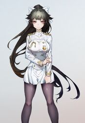  1girl animal_ears azur_lane black_hair black_legwear blush breasts clenched_hand closed_mouth cowboy_shot dog_ears grey_background hair_between_eyes hair_flaps hair_ribbon highres holding_own_arm kabi_(zcwd8845) large_breasts long_hair looking_at_viewer military military_uniform miniskirt pantyhose pleated_skirt ponytail ribbon skirt smile standing takao_(azur_lane) uniform very_long_hair 