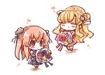  2girls blonde_hair blush_stickers bouquet brown_eyes chibi commentary_request double_bun dress fletcher_(kantai_collection) flower hair_ornament hairband heart holding holding_bouquet johnston_(kantai_collection) kantai_collection light_brown_hair long_hair miko_(35nikomi) multiple_girls star star_hair_ornament two_side_up violet_eyes 