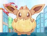  black_eyes blue_sky building closed_mouth commentary_request creature day eevee full_body gaonyan gen_1_pokemon gigantamax highres looking_at_viewer no_humans outdoors pokemon pokemon_(creature) sky smile solo standing tree 