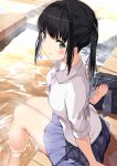  1girl absurdres arm_support ashiyu bag bangs bare_legs barefoot black_hair blue_skirt blurry blurry_background blush bra breasts closed_mouth collared_shirt commentary_request depth_of_field dress_shirt eyebrows_visible_through_hair green_eyes highres kura_ekaki long_hair medium_breasts onsen original pleated_skirt ponytail purple_bra school_bag school_uniform shirt sidelocks sitting skirt smile soaking_feet solo steam underwear water white_shirt 