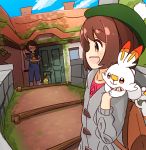  2girls bag blurry blush brown_eyes brown_hair budew cardigan clouds commentary_request depth_of_field door galar_mother gen_4_pokemon gen_8_pokemon glasses grey_cardigan highres holding holding_pokemon house looking_at_another manse mother_and_daughter multiple_girls on_shoulder open_mouth overalls pokemon pokemon_(creature) pokemon_(game) pokemon_on_shoulder pokemon_swsh rabbit scorbunny sky smile tam_o&#039;_shanter waving window yuuri_(pokemon) 