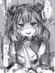  1girl blush cleavage_cutout double_bun earrings evil_smile eyebrows_visible_through_hair greyscale highres holding holding_knife hololive jewelry knife looking_at_viewer monochrome nanashi_(nlo74593630) short_hair smile solo translation_request upper_body uruha_rushia virtual_youtuber 