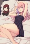  1girl armpits arms_up bare_legs bare_shoulders black_camisole cellphone collarbone girls_frontline hair_between_eyes highres long_hair looking_at_viewer lying magatsuizanagi000 multicolored_hair one_eye_closed parted_lips phone pillow pink_hair solo spaghetti_strap st_ar-15_(girls_frontline) streaked_hair violet_eyes 