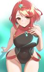  1girl bangs bare_arms black_swimsuit breasts chest_jewel covered_navel from_above pyra_(xenoblade) jewelry large_breasts one-piece_swimsuit redhead short_hair skeptycally smile solo swept_bangs swimsuit tiara xenoblade_(series) xenoblade_2 yellow_eyes 