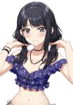  1girl ayano_yuu_(sonma_1426) bangs bare_shoulders black_choker black_eyes black_hair blush bracelet choker collarbone hands_in_hair highres idolmaster idolmaster_shiny_colors jewelry kazano_hiori long_hair looking_at_viewer low_twintails mole mole_under_mouth navel off-shoulder_shirt off_shoulder shirt simple_background smile solo swimsuit twintails white_background 