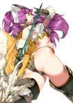  1girl angela_(seiken_densetsu_3) ar armor ass bangs bikini bikini_armor boots breastplate breasts cape commentary_request eyebrows_visible_through_hair feather_trim fur_trim gloves green_eyes helmet holding holding_weapon long_hair looking_at_viewer lr medium_breasts open_mouth pointy_ears polearm purple_hair saburou_(hgmg) seiken_densetsu seiken_densetsu_3 shiny shiny_clothes shiny_skin simple_background smile solo spear swimsuit thigh-highs thigh_boots thighs weapon white_background 