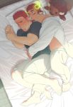  2boys absurdres animal_ears arms_around_waist bangs bara beard bed bed_sheet bedroom blowing_in_ear blush brown_hair chest couple facial_hair forked_eyebrows futon glowing_horns goatee gunzo_(tokyo_houkago_summoners) highres horns hug hug_from_behind leg_between_thighs long_sleeves lying male_focus multiple_boys muscle native_american nywlub on_bed open_clothes open_mouth pillow shared_pillow shorts stuffed_animal stuffed_toy sweatdrop thick_eyebrows tokyo_houkago_summoners wakan_tanka yaoi 