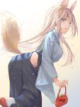  1girl animal_ear_fluff animal_ears bag blonde_hair blue_eyes blue_hakama blue_kimono breasts cha_chya feet_out_of_frame fox_ears fox_girl fox_tail from_side gradient gradient_background hakama handbag highres hip_vent holding holding_bag japanese_clothes kimono leaning_forward leg_up long_hair long_sleeves looking_at_viewer looking_to_the_side medium_breasts original parted_lips petals red_footwear sideways_mouth smile solo standing standing_on_one_leg tail very_long_hair white_legwear wide_sleeves 
