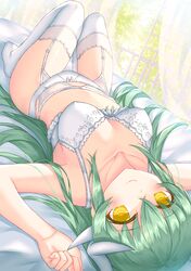  1girl aqua_hair armpits arms_up bare_shoulders bed_sheet blush bow bow_panties bra breasts breasts_apart closed_mouth collarbone curtains fate/grand_order fate_(series) garter_belt highres horns indoors kiyohime_(fate/grand_order) long_hair lying medium_breasts morizono_shiki on_back on_bed panties smile solo underwear underwear_only very_long_hair white_bow white_bra white_legwear white_panties yellow_eyes 