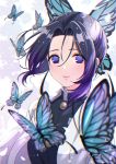  1girl black_hair black_jacket bug butterfly floating_hair gradient_hair hair_between_eyes hair_intakes haori highres insect jacket japanese_clothes kimetsu_no_yaiba kochou_shinobu multicolored_hair necocafe_lili parted_lips purple_hair shiny shiny_hair short_hair smile solo upper_body violet_eyes 