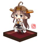  1girl ahoge artist_name black_eyes black_skirt boots brown_hair carpet chibi detached_sleeves double_bun hairband hands_on_hips headgear isometric japanese_clothes kantai_collection kongou_(kantai_collection) long_hair popped_collar remodel_(kantai_collection) ribbon-trimmed_sleeves ribbon_trim simple_background skirt smile solo standing taisa_(kari) thigh-highs thigh_boots white_background 