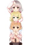  3girls arm_up bangs black_footwear blonde_hair blush bow braid brown_eyes brown_hair brown_skirt commentary_request dosu_(yodosu) eyebrows_visible_through_hair flower futaba_anzu green_eyes green_flower grey_hair hair_bow hair_flower hair_ornament highres hisakawa_nagi idolmaster idolmaster_cinderella_girls kneehighs knees_together_feet_apart knees_up loafers long_sleeves multiple_girls parted_lips pink_shirt plaid plaid_skirt pleated_skirt red_bow shadow shirt shoes sitting skirt sleeves_past_wrists smirk stacking striped striped_bow v v-shaped_eyebrows white_background white_legwear white_shirt yusa_kozue 