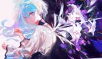 1girl collar commentary dress expressionless flower flower_(vocaloid) from_behind highres lily_(flower) long_hair looking_at_viewer looking_back purple_collar qq_orikou solo upper_body v_flower_(vocaloid4) violet_eyes vocaloid white_dress white_flower white_hair 