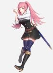  1girl ;q bangs belt black_dress breasts brown_belt dress fire_emblem fire_emblem:_three_houses full_body gonzarez hands_up highres hilda_valentine_goneril holster interlocked_fingers large_breasts leather_belt long_hair looking_at_viewer one_eye_closed pink_eyes pink_hair sheath sheathed shirt shirt_under_dress sidelocks smile solo sword tongue tongue_out twintails weapon white_shirt 