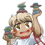  1girl balancing_on_head chamaji commentary earlobes ebisu_eika eyebrows_visible_through_hair frilled_shirt frills holding_rock looking_at_viewer lowres open_mouth puffy_short_sleeves puffy_sleeves rock rock_balancing shirt short_hair short_sleeves smile solo stack stacking stone touhou upper_body white_background 