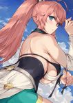  1girl ahoge back bangs bare_shoulders blue_eyes blue_sky blush braid breasts closed_mouth detached_sleeves dragalia_lost dress frown green_shorts haoni highres large_breasts long_hair looking_at_viewer looking_back louise_(dragalia_lost) pink_hair shorts side_braid sideboob sky solo white_dress 