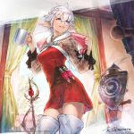  1girl alisaie_leveilleur bangs blue_eyes boots cropped_jacket cup dress earrings elezen elf final_fantasy final_fantasy_xiv fur_trim hair_between_eyes jewelry long_hair looking_at_viewer mug official_art pointy_ears rapier red_dress smile solo standing sweat sword target thigh-highs thigh_boots towel weapon white_hair 