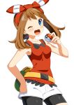  1girl ;d absurdres bike_shorts black_shorts blue_eyes blush bow breasts brown_hair collarbone cowboy_shot floating_hair hair_bow hairband haruka_(pokemon) highres holding holding_poke_ball long_hair one_eye_closed open_mouth poke_ball pokemon pokemon_(game) pokemon_oras red_bow red_hairband red_shirt shiny shiny_hair shirt short_shorts shorts shorts_under_shorts simple_background sleeveless sleeveless_shirt small_breasts smile solo standing striped striped_bow twintails white_background white_shorts yuihiko 