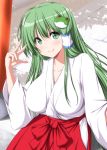  1girl alternate_costume bangs blush breasts commentary_request eyebrows_visible_through_hair frog_hair_ornament green_eyes green_hair hair_between_eyes hair_ornament hair_tubes hakama hand_up highres japanese_clothes kimono kochiya_sanae large_breasts long_hair long_sleeves looking_at_viewer miko nori_tamago red_hakama shadow smile solo touhou upper_body w white_kimono wide_sleeves 