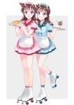  2girls :d :q apron arch_lapin blue_dress blue_eyes brown_hair character_name commentary cross-laced_footwear cursive double_horizontal_stripe dress eyebrows_visible_through_hair food frilled_apron frilled_dress frills full_body glass grey_background highres holding holding_tray ice_cream looking_at_viewer magic_kaito maid_headdress meitantei_conan messy_hair mouri_ran multiple_girls nakamori_aoko open_mouth outside_border pie pink_dress roller_skates series_connection short_dress short_sleeves side-by-side skates smile socks spoon standing standing_on_one_leg sundae tongue tongue_out tray violet_eyes waist_apron waitress white_apron white_footwear white_legwear 