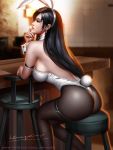  1girl animal_ears arm_strap ass black_hair black_legwear blurry blurry_background bunny_girl bunny_tail closed_eyes detached_collar earrings fake_animal_ears final_fantasy final_fantasy_vii finger_to_mouth highres jewelry leotard liang_xing lips long_hair pantyhose rabbit_ears sitting solo strapless strapless_leotard tail thigh_strap tifa_lockhart white_leotard wrist_cuffs 