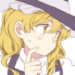  1girl blonde_hair blush bow braid eyebrows_visible_through_hair hair_bow hand_on_own_face hat hat_bow kirisame_marisa looking_to_the_side natsume_(menthol) side_braid single_braid sweatdrop touhou white_bow witch_hat yellow_eyes 