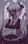 bangs biting black_skin black_wings blunt_bangs blurry blurry_background breast_hold breasts crossed_arms demon_girl demon_tail english_commentary feathered_wings feathers horns lip_biting lips looking_at_viewer low_wings medium_breasts navel necktie original pointy_ears red_eyes shirt short_hair soranamae succubus tail tail_raised waistcoat white_hair white_shirt wings