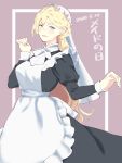  1girl apron blonde_hair blue_eyes blush breasts dress eyebrows_visible_through_hair frills hair_between_eyes hair_ornament hat highres kantai_collection large_breasts long_dress long_hair long_sleeves looking_at_viewer maid maid_apron maid_headdress mob_cap mole mole_under_eye mole_under_mouth richelieu_(kantai_collection) shingyo smile solo victorian victorian_maid 