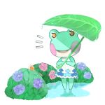  1girl doubutsu_no_mori flower frog furry leaf open_mouth orange_eyes poststation rain rainy_(doubutsu_no_mori) snail solo water white_background 