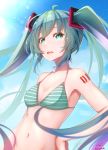  1girl absurdres ahoge alternate_costume aqua_eyes aqua_hair baileys_(tranquillity650) bangs bare_arms bare_shoulders bikini blue_sky blush breasts clouds collarbone day eyebrows_visible_through_hair from_side green_eyes hair_between_eyes hair_ornament hatsune_miku highres long_hair looking_at_viewer navel open_mouth outdoors sky small_breasts smile solo stomach string_bikini striped striped_bikini swimsuit twintails upper_body very_long_hair vocaloid 