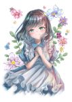  1girl absurdres black_hair blue_dress dress flower frills fumizuki_lily green_eyes hands_together highres looking_at_viewer medium_hair original pinafore_dress puffy_short_sleeves puffy_sleeves short_sleeves simple_background smile solo white_background 