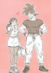  1boy 1girl :d ^_^ alternate_costume amepati arm_at_side baggy_pants bangs basket black_eyes black_footwear black_hair black_legwear black_shirt blunt_bangs blush breasts chi-chi_(dragon_ball) clenched_hands closed_eyes couple dragon_ball dragon_ball_z drying full_body hands_on_hips happy heart height_difference hetero holding holding_basket legs_together long_sleeves looking_at_another looking_down medium_breasts monochrome muscle open_mouth outline pants pantyhose pink_background pink_theme ponytail shirt shoes short_sleeves shorts side-by-side sidelocks simple_background smile sneakers son_gokuu spiky_hair spot_color standing towel towel_around_neck white_footwear white_outline white_pants white_shirt white_shorts wristband 