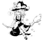  1girl apron black_dress bow braid broom broom_riding dress frilled_bow frilled_dress frills hair_bow hat hat_bow kirisame_marisa looking_to_the_side monochrome musical_note natsume_(menthol) puffy_short_sleeves puffy_sleeves shoes short_sleeves side_braid single_braid star touhou waist_apron white_background white_bow witch_hat 