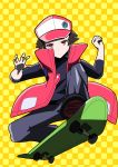  1boy absurdres baseball_cap black_footwear brown_hair checkered checkered_background closed_mouth commentary_request fujiwara_echi full_body hat highres male_focus pokemon pokemon_(game) pokemon_rgby red_(pokemon) red_eyes riding shoes skateboard spiky_hair yellow_background 