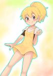  1girl blonde_hair blush closed_mouth dress highres looking_at_viewer medium_hair nyonn24 pokemon pokemon_special ponytail smile solo yellow_(pokemon) 