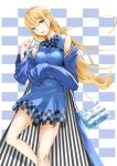  1girl absurdres bag blonde_hair blue_background blue_dress blue_eyes checkered checkered_background chiyuki_fujito detached_sleeves dress eyewear_removed handbag highres long_hair looking_at_viewer runway_de_waratte simple_background sleeves_past_wrists smile solo standing striped vertical_stripes white_background wingforpx 