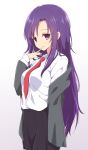  1girl black_skirt closed_mouth eyebrows_visible_through_hair gradient gradient_background hand_up highres long_hair long_sleeves looking_at_viewer mel_(melty_pot) necktie original pleated_skirt purple_hair red_neckwear shirt skirt smile solo violet_eyes white_shirt 