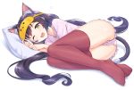  1girl animal_ear_fluff animal_ears ass black_hair black_panties blush cat_ears cat_girl cat_tail commentary_request fang full_body green_eyes grey_hair hands_up highres kyaru_(princess_connect!) long_hair looking_at_viewer low_twintails lying mask mask_on_head multicolored_hair no_shoes on_side one_eye_closed open_mouth panties pillow pink_shirt pink_shorts princess_connect! princess_connect!_re:dive red_legwear shirt short_shorts shorts sleep_mask solo streaked_hair tail thigh-highs tomo_(user_hes4085) twintails underwear very_long_hair white_background 