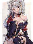  1girl animal_ears braid breasts choker erune fraux granblue_fantasy grey_hair ivris jewelry medium_breasts pendant robe signature sitting smile thigh-highs twintails yellow_eyes 