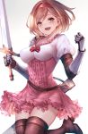  1girl :d arm_guards bangs blush boots breasts brown_eyes brown_gloves brown_hair collarbone djeeta_(granblue_fantasy) elbow_gloves eyebrows_visible_through_hair gloves granblue_fantasy hair_intakes hairband high-waist_skirt highres holding holding_sword holding_weapon inaba_sunimi jumping looking_at_viewer medium_breasts open_mouth pink_skirt puffy_short_sleeves puffy_sleeves red_hairband red_ribbon ribbon sheath shirt short_hair short_sleeves simple_background skirt smile solo swept_bangs sword thigh-highs thigh_boots weapon white_background white_shirt zettai_ryouiki 