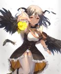  1girl armpit_peek bare_shoulders black_dress black_hair breasts dress feathered_wings feathers flower frilled_dress frills grey_legwear highres horns large_breasts looking_at_viewer medium_hair mosta_(lo1777789) original outstretched_arm panties parted_lips red_eyes revealing_clothes simple_background sleeveless sleeveless_dress solo strap thigh-highs underwear white_background white_panties wings wrist_cuffs yellow_flower 