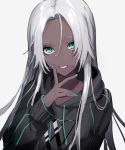  1girl aqua_eyes aqua_nails black_hoodie commentary_request dark_skin drawstring finger_to_cheek forehead highres hood hood_down long_hair long_sleeves looking_at_viewer nail_polish original parted_lips silver_hair simple_background smile solo wakahiko white_background 