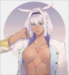  1girl animal_ears blue_eyes body_markings breasts caenis_(fate) coat dark_skin dog_ears fate/grand_order fate_(series) grey_background hair_intakes hand_behind_head headband highres large_breasts nezunomori open_clothes open_coat round_image smile tattoo 