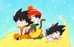  3boys :d :o black_eyes black_footwear black_hair blue_background brothers china_dress chinese_clothes clenched_teeth clothes_writing dbcdef dot_nose dougi dragon_ball dragon_ball_(classic) dragon_ball_(object) dragon_ball_z dress father_and_son flying_nimbus full_body grabbing grin hands_on_another&#039;s_shoulders happy hat indian_style kneeling looking_afar looking_at_another looking_back looking_down male_focus messy_hair monkey_tail multiple_boys nyoibo open_mouth outline red_headwear siblings signature simple_background sitting smile son_gohan son_gokuu son_goten speed_lines spiky_hair star starry_background surprised tail teeth time_paradox twitter_username v_arms white_outline 